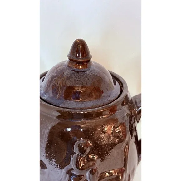 Rockingham Teapot-Rebecca at the Well Relief Raised Clay Brown Glaze Antique 7" - Picture 7 of 16